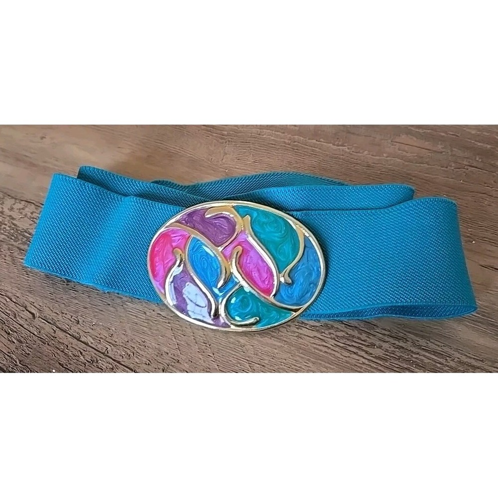 VTG Nan Lewis Teal 2"W Stretch Belt W/Multicolor Gold Enamel Buckle L/XL 34-40"